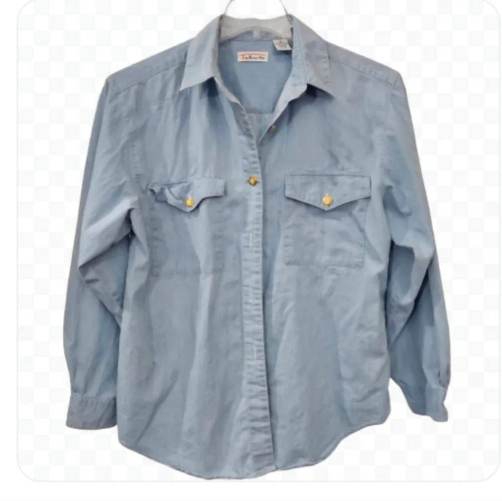 Talbots Blue Cotton Blouse With Gold Buttons Sz M